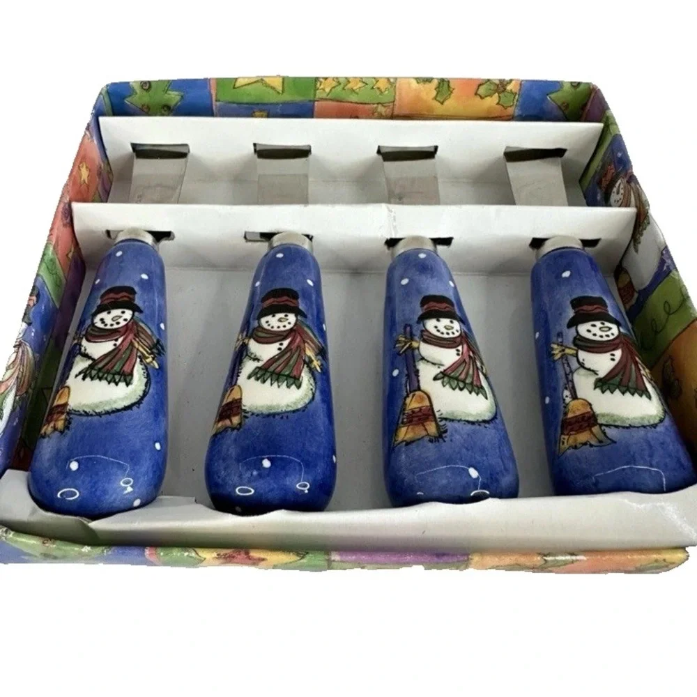 Sango Christmas‎ Snowman Cheese Spreader Knives Stainless Sue Zipkin Set of 4